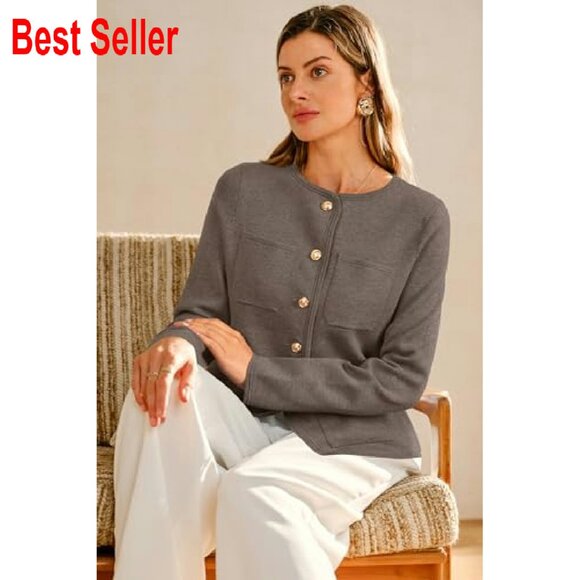Wool Blend Sweater Blazer Classic Collarless Business Casual Jacket Pockets - Picture 6 of 8